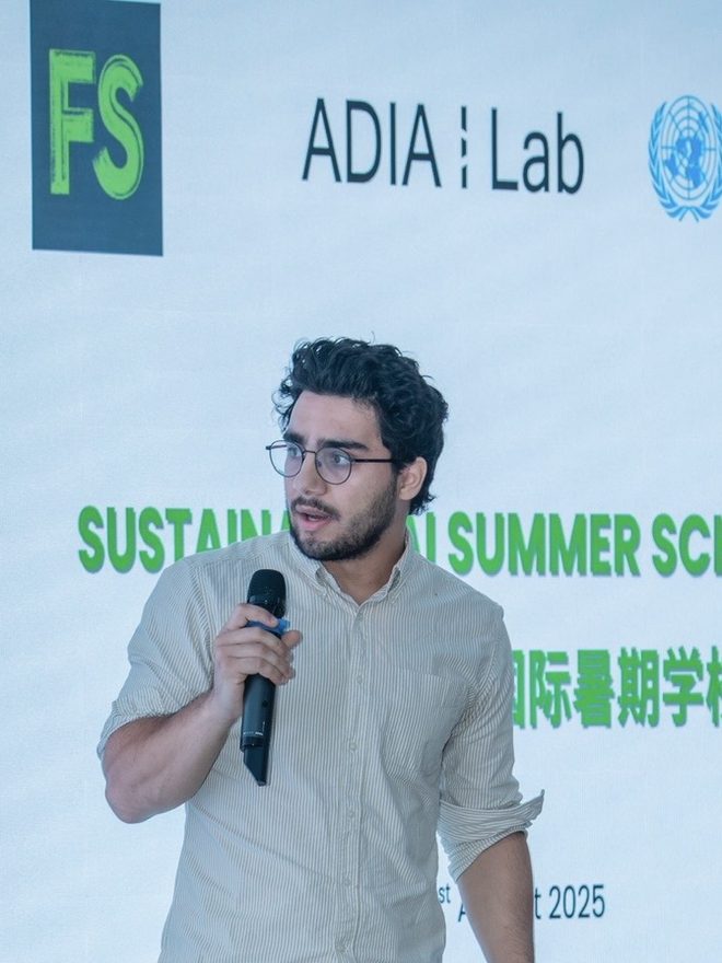 Alexander Khadra presenting at the ADIA Lab Sustainable AI Summer School in Shanghai, 2025.
